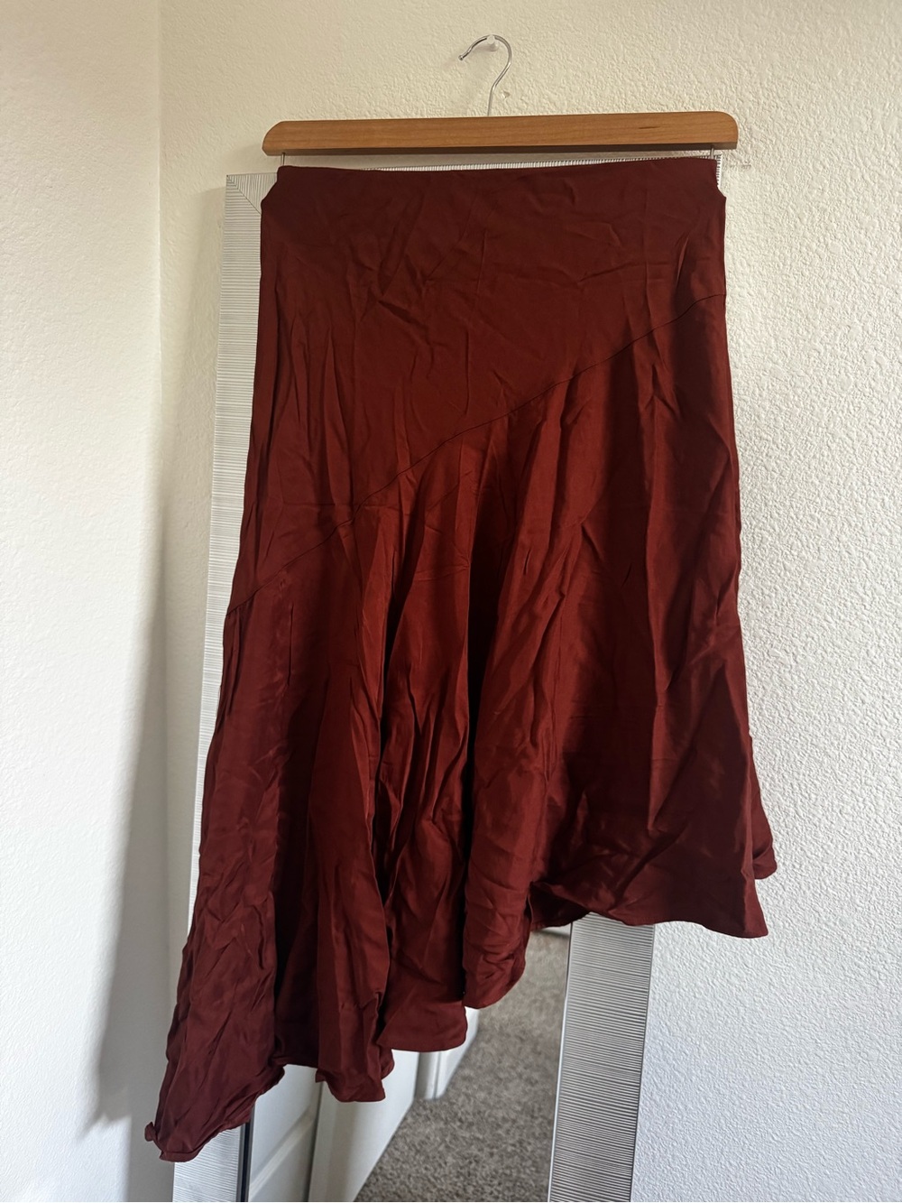 Women's Asymmetrical Midi Skirt in Deep Rust Satin